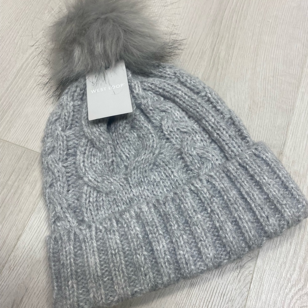 West Loop Heather Gray Knit Hat with Faux Fur Pom
